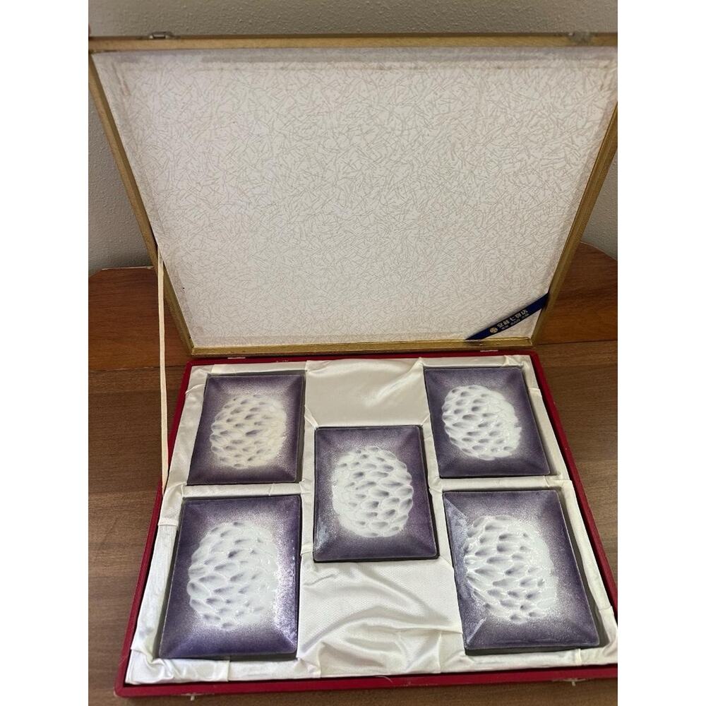 VTG Ando Shippo Sushi Plates Cloisonne 1950s Enamel Box Set Of 5 Japanese